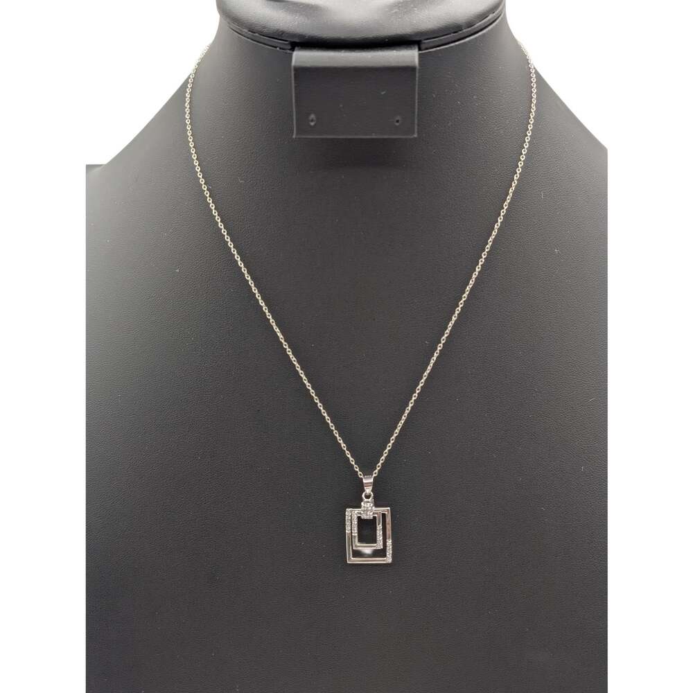 925 Sterling Silver Rectangle Within a Rectangle CZ Pendant 18" Chain Necklace